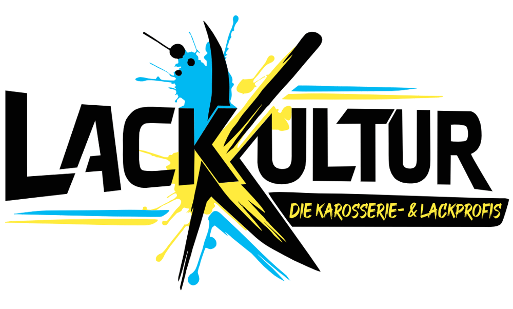 Lackkultur-Logo mit blauen und gelben Farbspritzern.